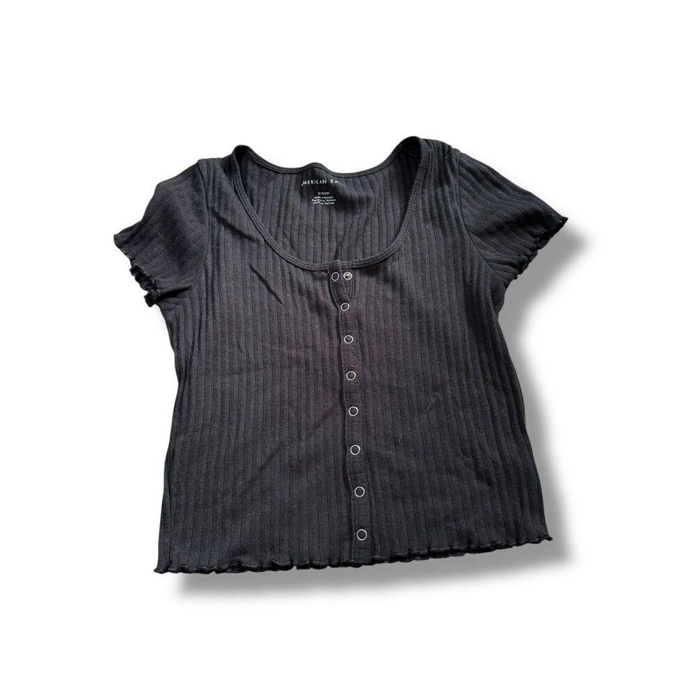 American Eagle Black Ribbed/Knit Button-Up Crop – Small